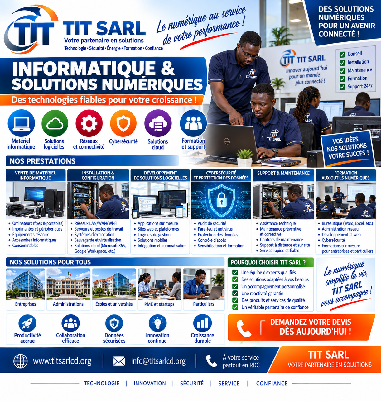 Prestations informatiques TIT SARL : matériel, réseaux, logiciels, cloud, cybersécurité, maintenance et formation
